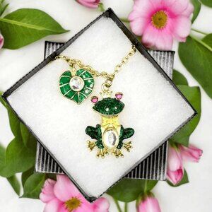 Frog Prince with Lily Pad Necklace Enamel Rhnestone Gift Boxed Green Pink Eyes